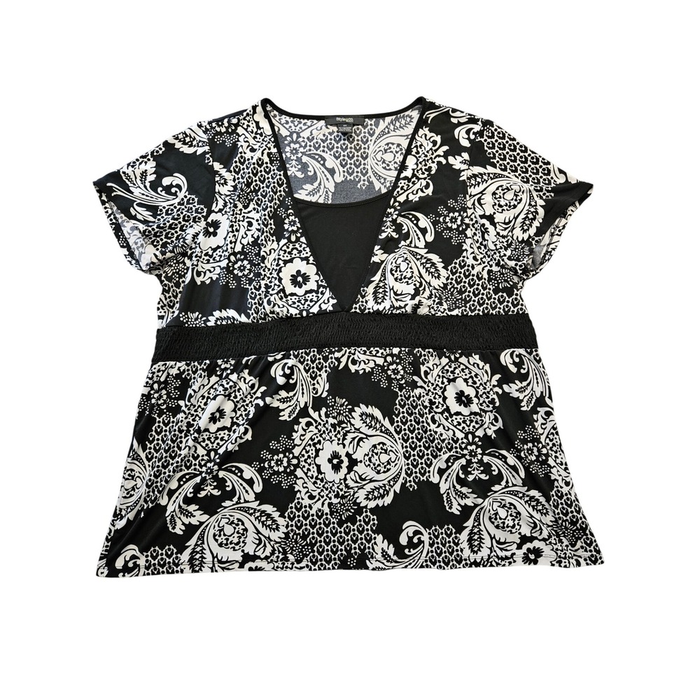 Style & Co Woman Black White Floral Damask Empire Waist Top 2X Short Sleeve